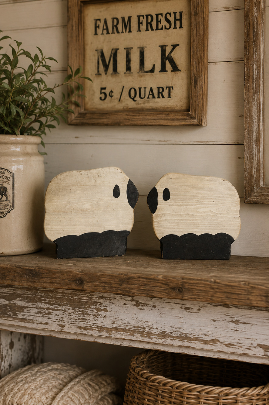 Pair of Chunky Wood Sheep Handmade 7" x 6.5"